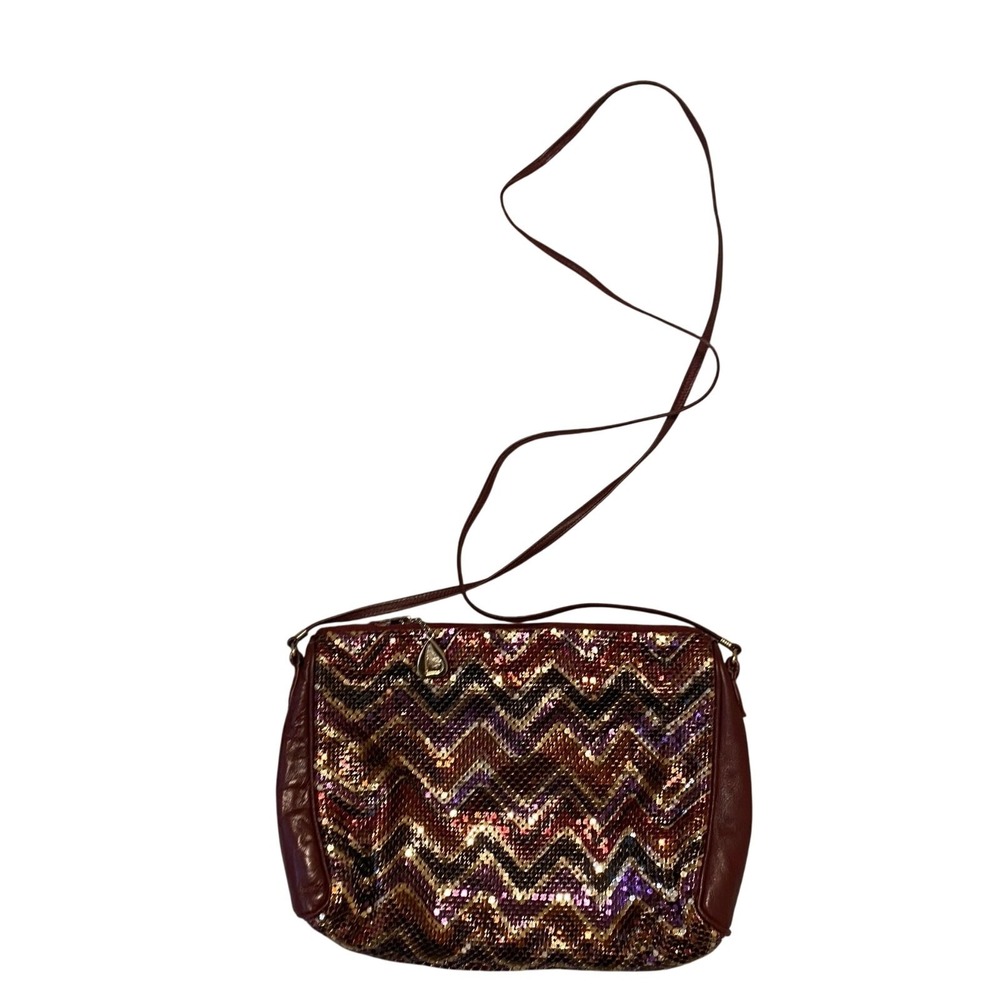 Vintage Whiting And Davis Purse Plum Metallic Leather Chevron Crossbody Bag - Picture 3 of 7